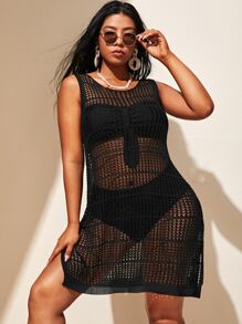 Swim Vcay Plus Hollow Out Side Split Cover Up,Summer Beach - Black - View 4