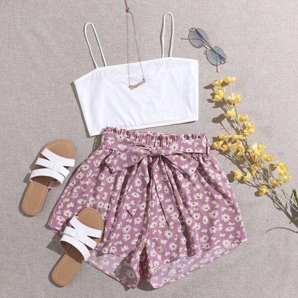 

Crop Cami Top & Paperbag Waist Belted Shorts, Multicolor