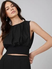 MOTF PREMIUM LINEN CROP GATHERED TOP - Black - View 1