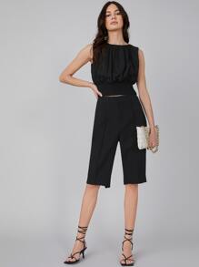 MOTF PREMIUM LINEN CROP GATHERED TOP - Black - View 3