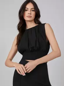 MOTF PREMIUM LINEN CROP GATHERED TOP - Black - View 7