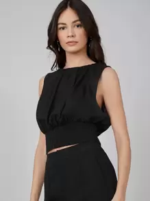 MOTF PREMIUM LINEN CROP GATHERED TOP - Black - View 8