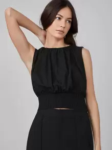 MOTF PREMIUM LINEN CROP GATHERED TOP - Black - View 9