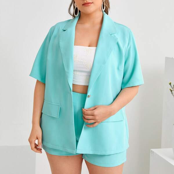 

Plus Lapel Collar Single Button Coat With Shorts, Mint blue