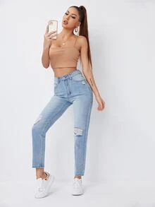 Quần jean Nút màu trơn - Rửa nhẹ - Xem 3