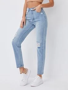 Quần jean Nút màu trơn - Rửa nhẹ - Xem 5