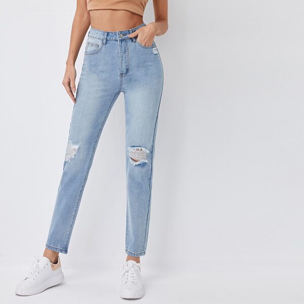 

High Waist Ripped Mom Cropped Jeans, Light wash