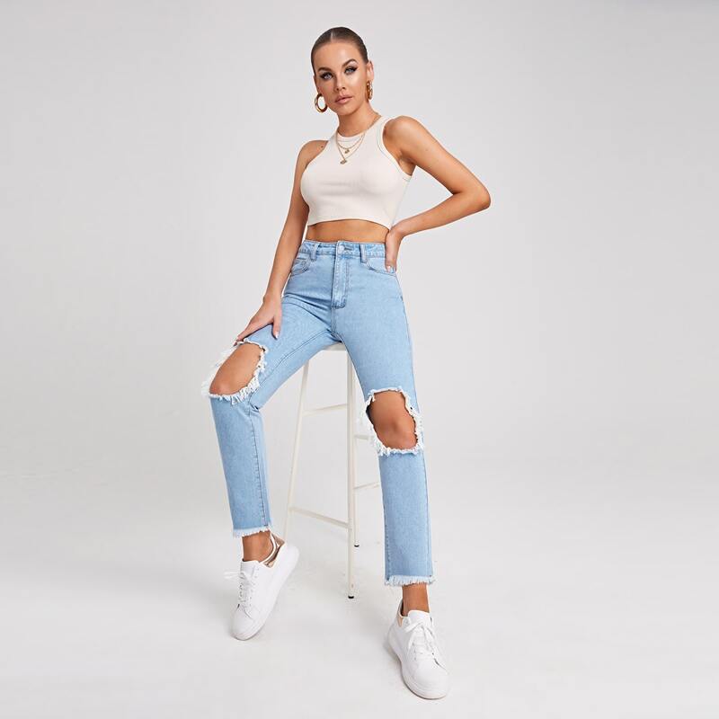 

High Waist Ripped Detail Jeans, Light wash