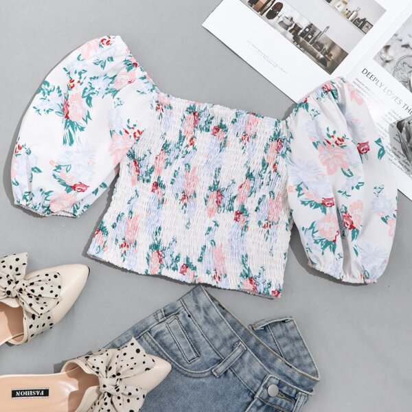 

Floral Print Puff Sleeve Crop Shirred Top, Multicolor
