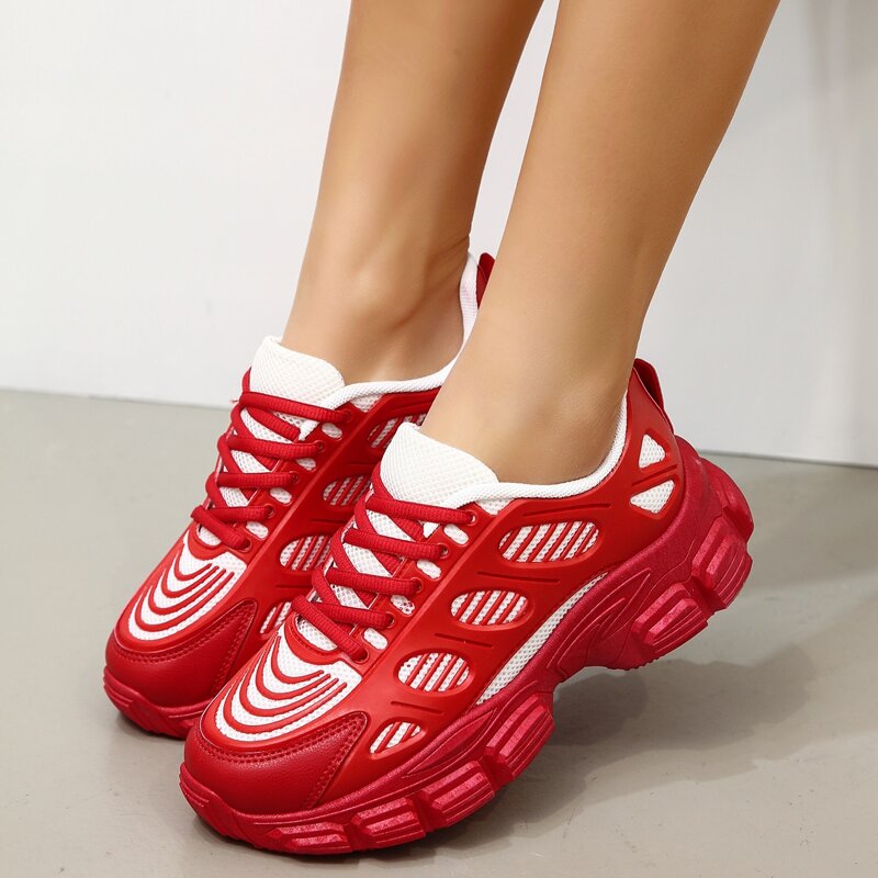 

Lace Up Front Mesh Panel Chunky Trainers, Red