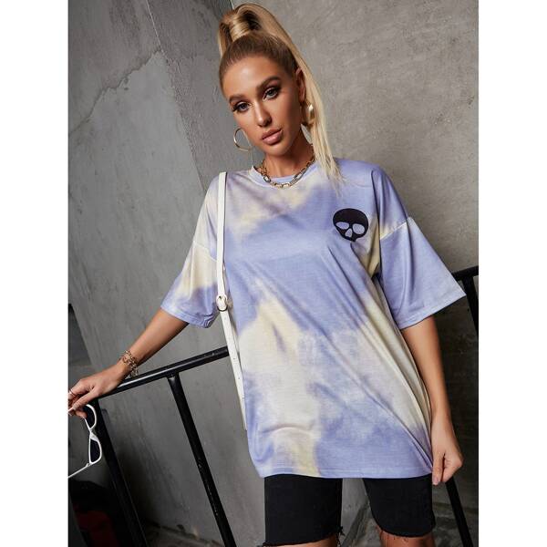 

Drop Shoulder Skeleton & Tie Dye Longline Tee, Multicolor