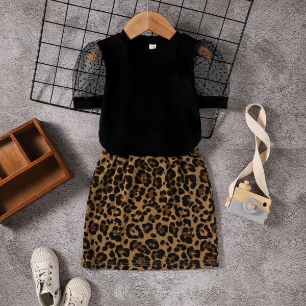 

Toddler Girls Dobby Mesh Puff Sleeve Top & Cheetah Skirt, Multicolor