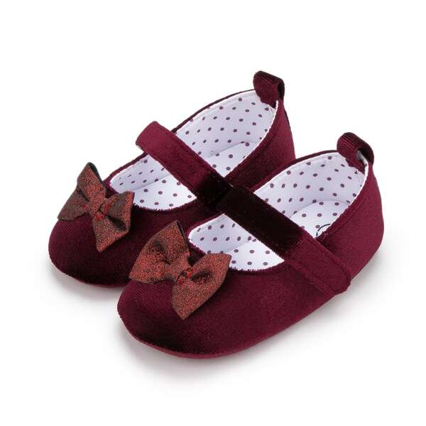 

Baby Girl Bow Decor Velcro Strap Flats, Burgundy