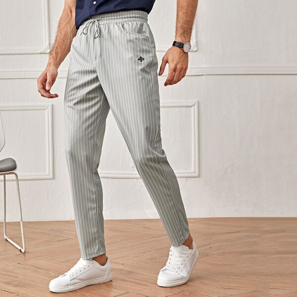 

Men Graphic Embroidered Striped Drawstring Pants, Light grey
