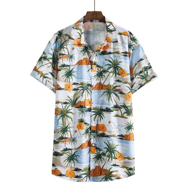 

Men Hawaiian Print Button Up Shirt, Multicolor