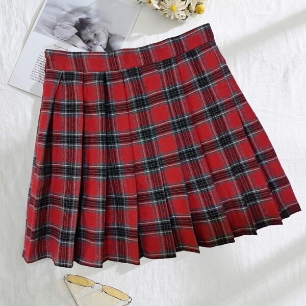 

Zip Side Tartan Pleated Skirt, Red