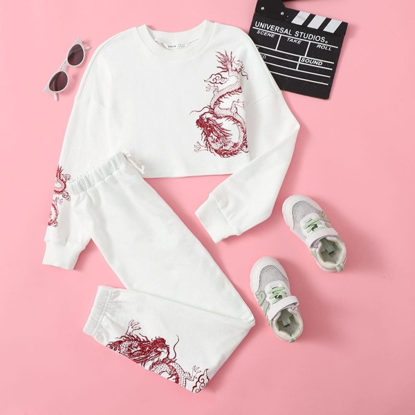 

Girls Chinese Dragon Drop Shoulder Pullover & Drawstring Sweatpants Set, White
