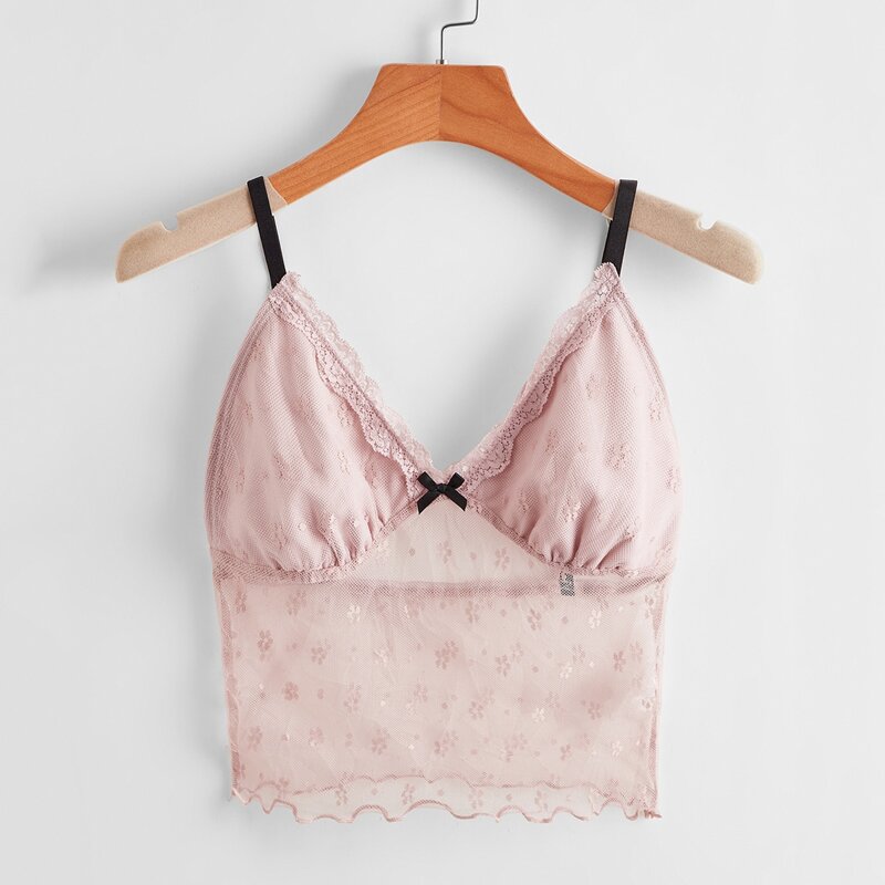 

Floral Lace Bow Sheer Mesh Crop Cami, Dusty pink