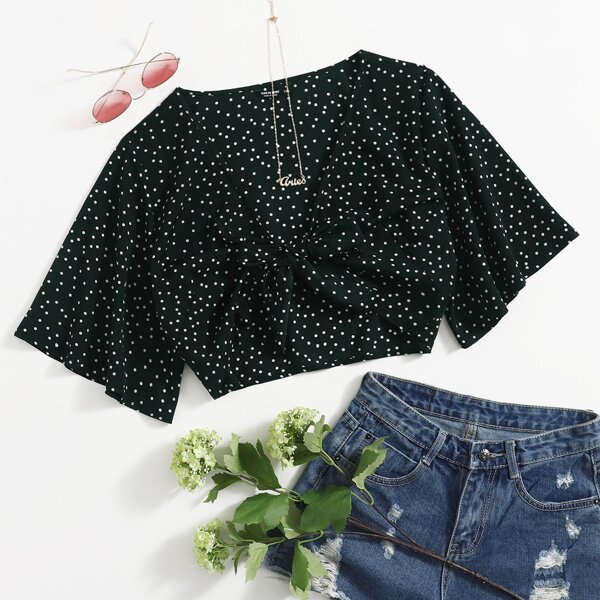 

Plus Polka Dot Knot Front Crop Top, Dark green