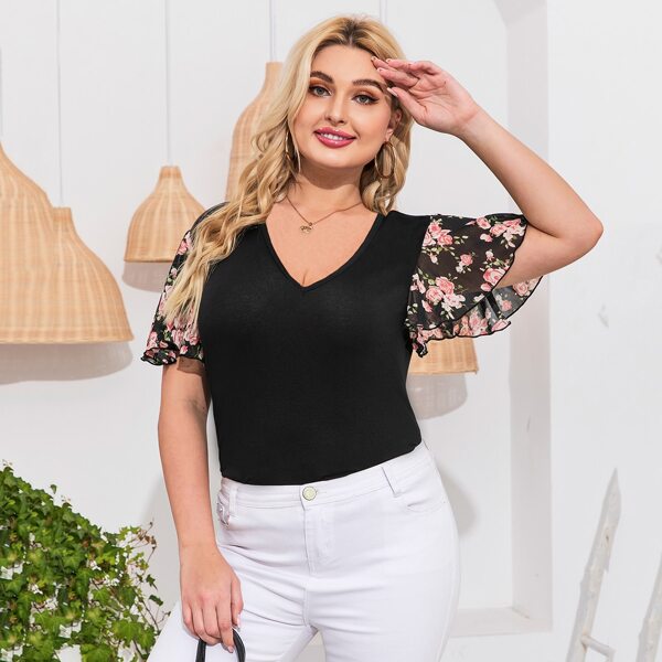 

Plus Contrast Floral Print Sleeve Tee, Black