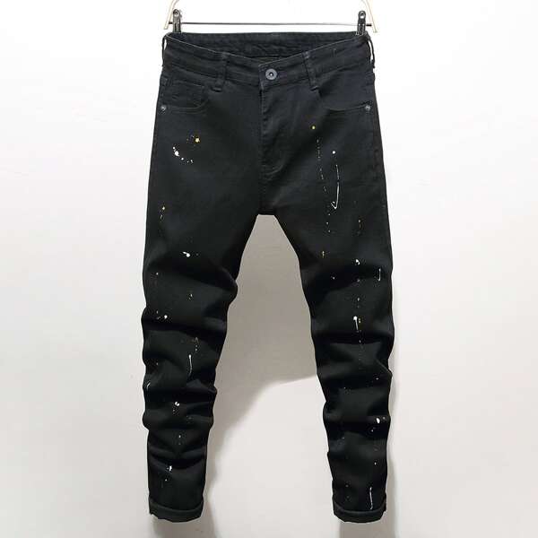 

Men Splatter Print Skinny Jeans, Black
