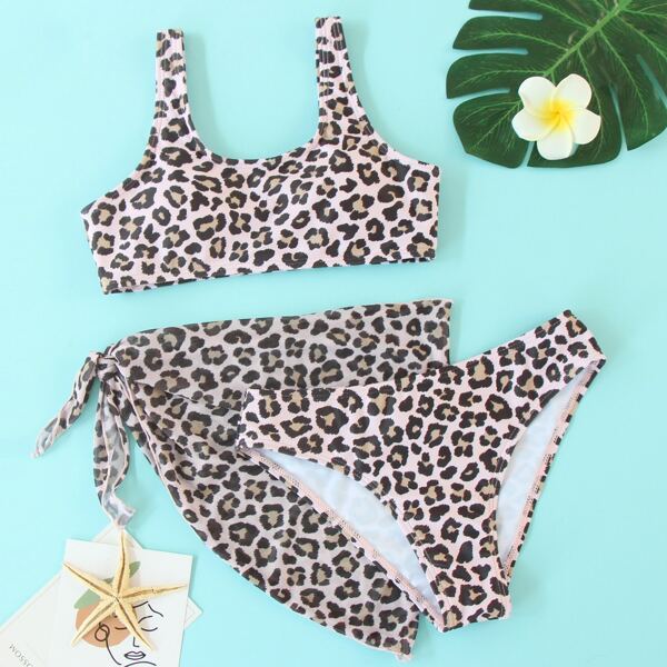 

3pack Girls Leopard Bikini Swimsuit & Beach Skirt, Multicolor