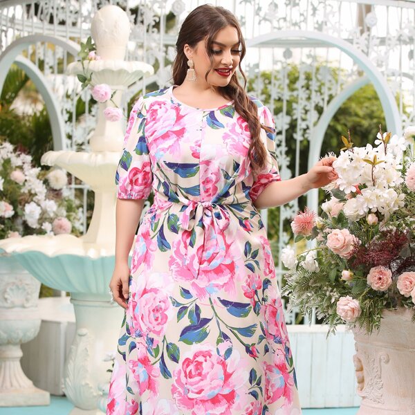 

Plus Allover Floral Tie Front Dress, Multicolor