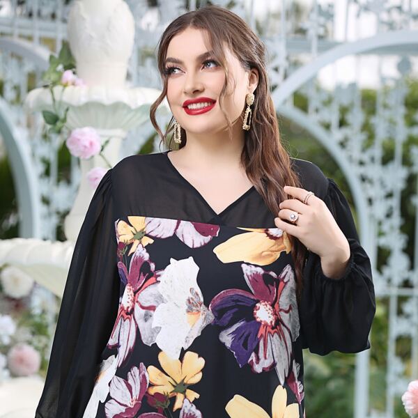 

Plus Floral Print Bishop Sleeve Blouse, Multicolor