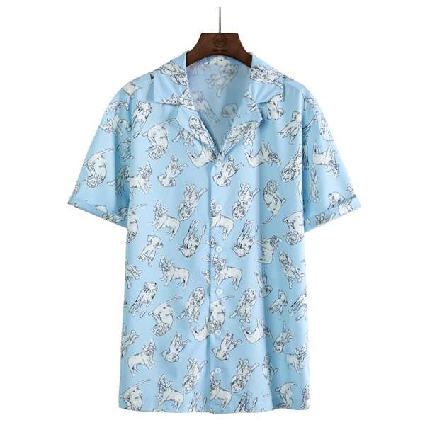 

Men Allover Print Lapel Collar Shirt, Baby blue