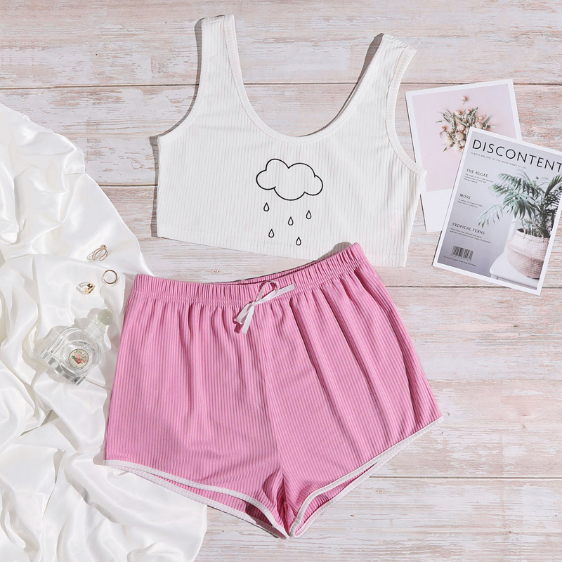 

Cartoon Graphic Crop Tank Top & Shorts PJ Set, Multicolor