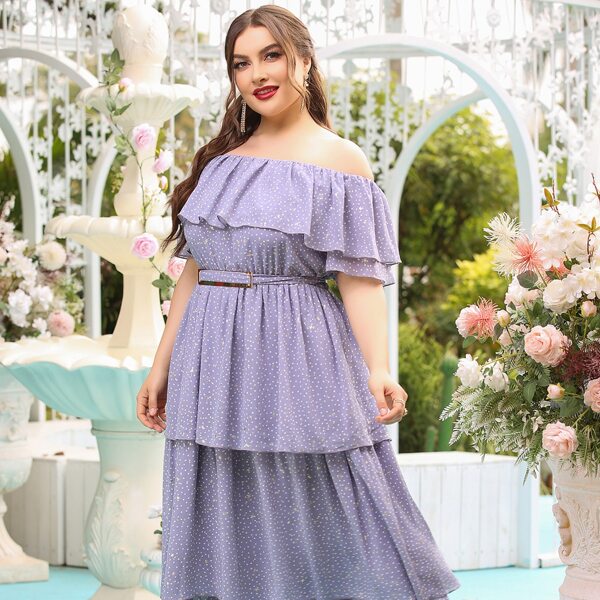 

Plus Off The Shoulder Layered Hem Belted Dress, Violet purple