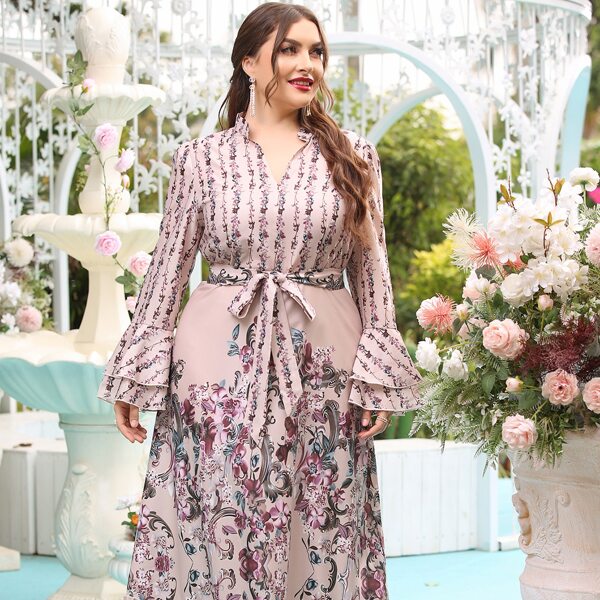 

Plus Floral Print Flounce Sleeve Ruffle Hem Belted Dress, Multicolor