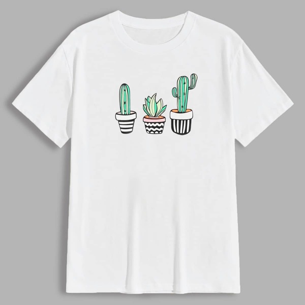 

Men Cactus Print Crew Neck Tee, White