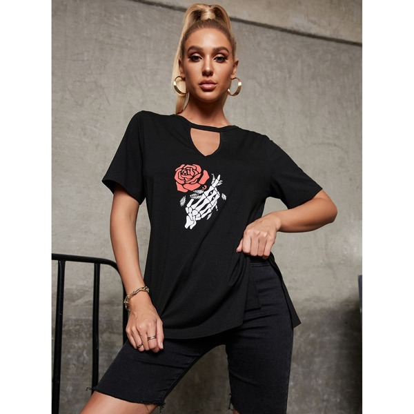

Rose & Skeleton Print Split Hem Tee, Black