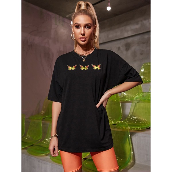 

Butterfly Print Drop Shoulder Tee, Black