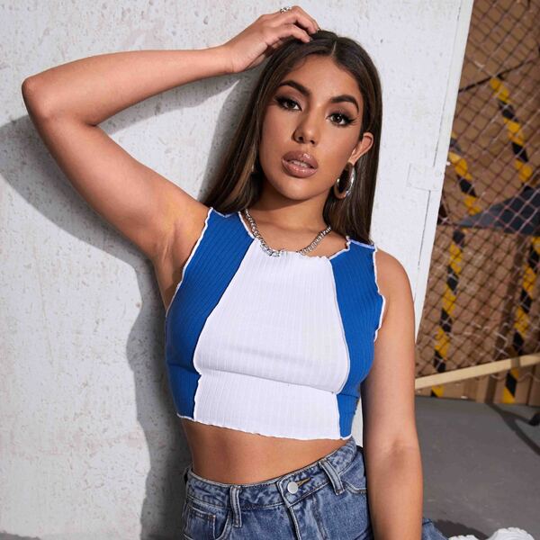 

Two Tone Topstitch Lettuce-edge Tank Top, Blue and white