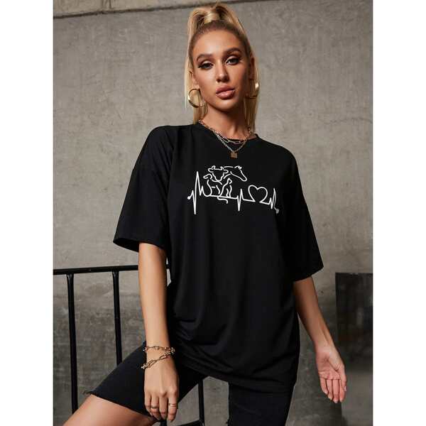

Graphic Print Drop Shoulder Tee, Black