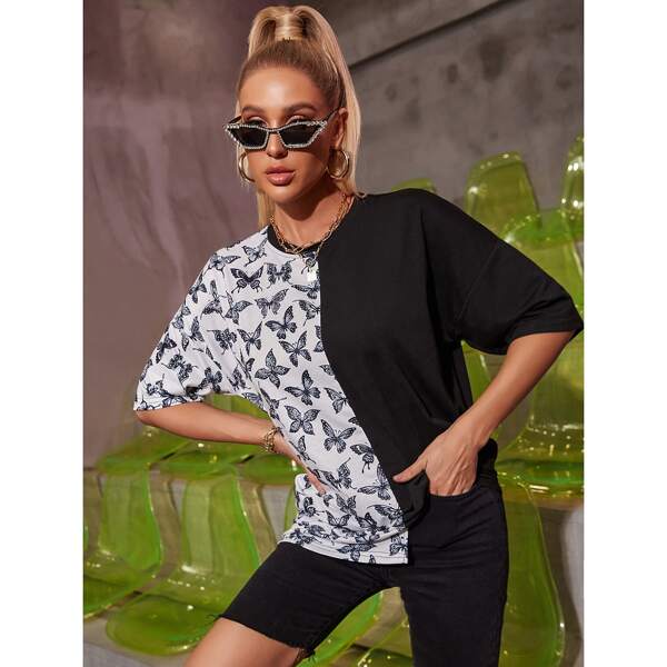 

Batwing Sleeve Butterfly & Colorblock Print Asymmetrical Hem Tee, Black and white