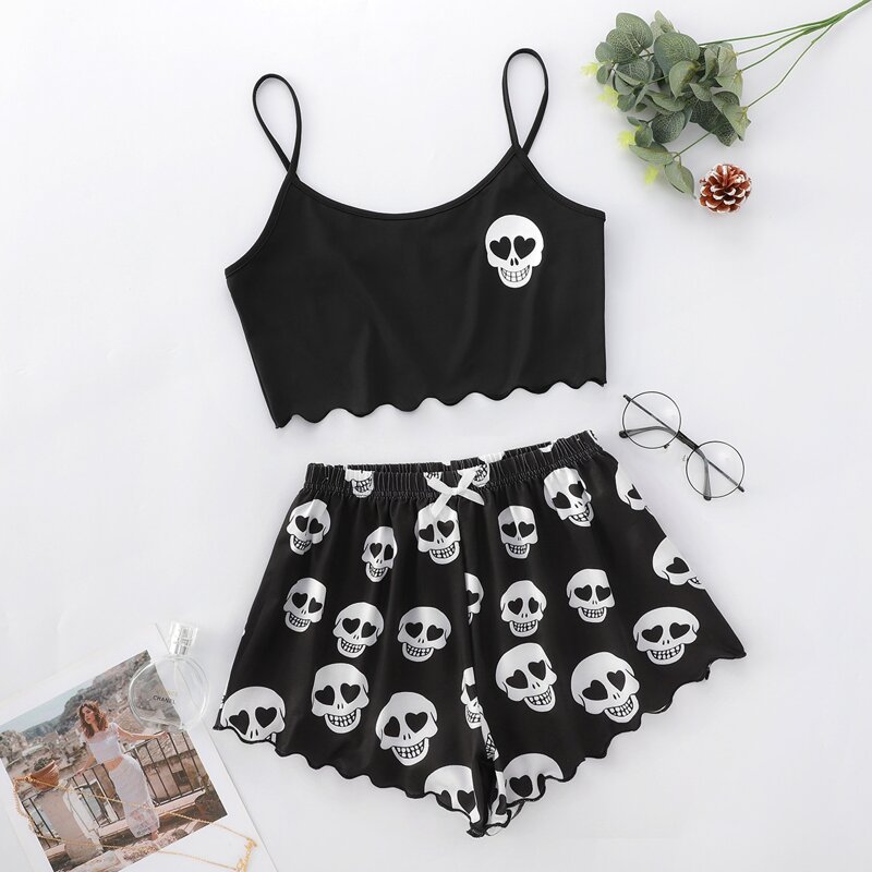 

Skull Print Lettuce Trim Pajama Set, Black and white