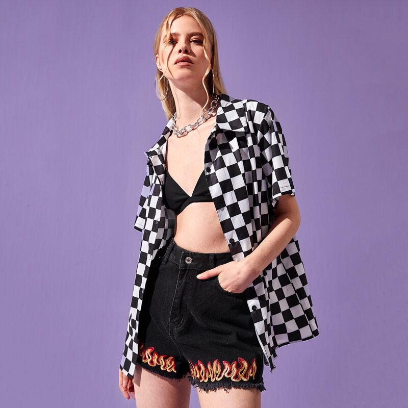 

Gingham Print Shirt, Black and white