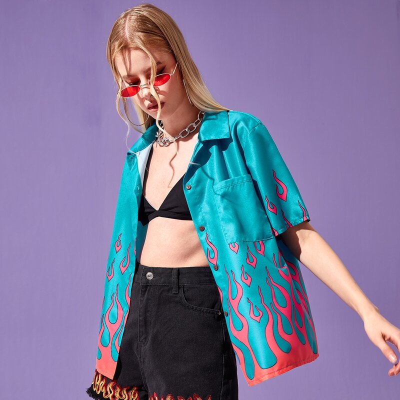

Fire Graphic Button Front Blouse, Multicolor
