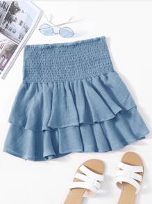 纯色打褶腰多層荷葉邊半身裙 - 霧霾藍 - 查看 1