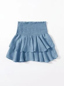 纯色打褶腰多層荷葉邊半身裙 - 霧霾藍 - 查看 3