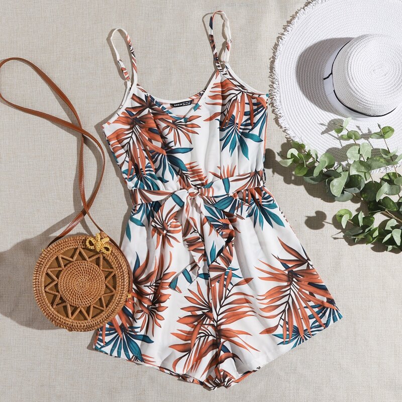 

Leaf Print Belted Cami Romper, Multicolor