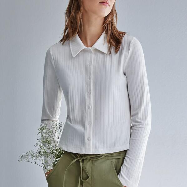 

Solid Button Front Rib-knit Tee, White
