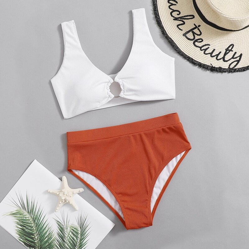 

Two Tone Ring Decor Bikini Swimsuit, Multicolor