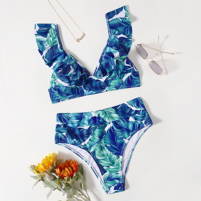 

Leaf Print Ruffle Bikini Swimsuit, Multicolor