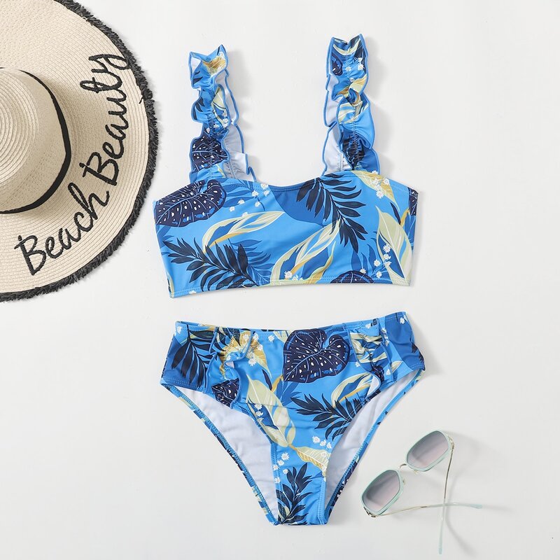 

Leaf Print Frill Trim Bikini Swimsuit, Blue