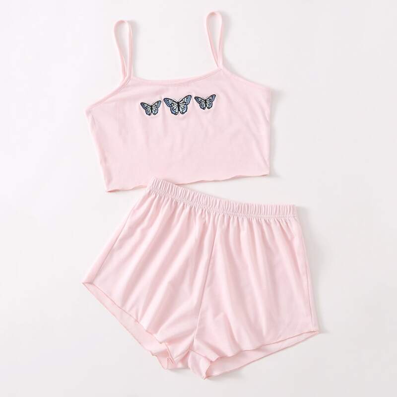 

Butterfly Embroidery Pajama Set, Baby pink