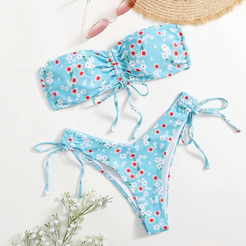 

Ditsy Floral Drawstring Bikini Swimsuit, Blue